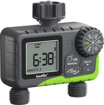 RainPoint Wireless Digital 2-Zone Irrigation Timer Male/Female Automatic Control Valve