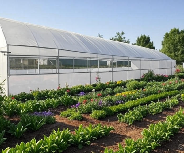 Greenhouse with rows of plants and flowers outdoors